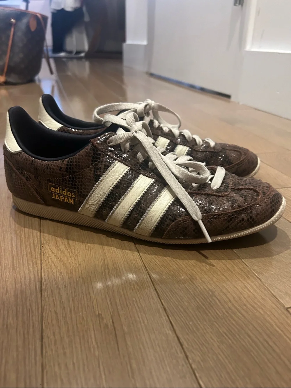 adidas Brown Snake-Print Sneakers with Cream Stripes